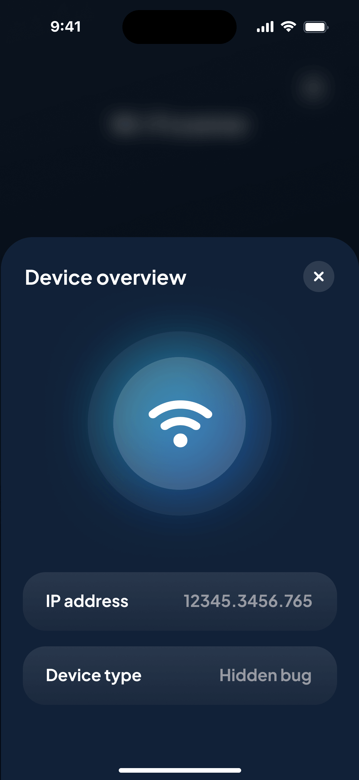 SpySense — device overview showing IP and type