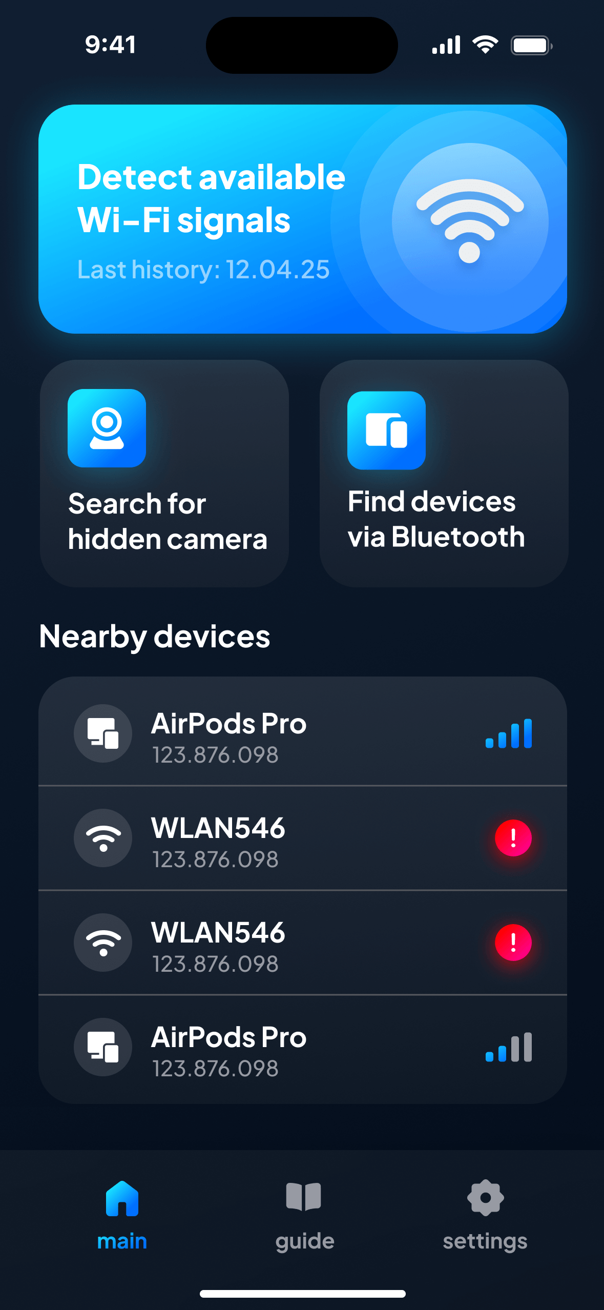 SpySense main screen — Wi-Fi signal scanner